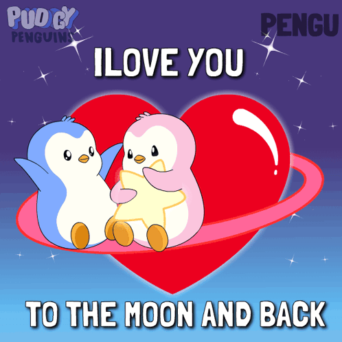 two penguins sitting on top of a heart with the words i love you to the moon and back