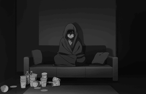 A dark animated figure sits slumped alone on a couch amid discarded cups.