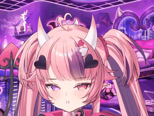 a girl with pink hair has horns and hearts on her hair