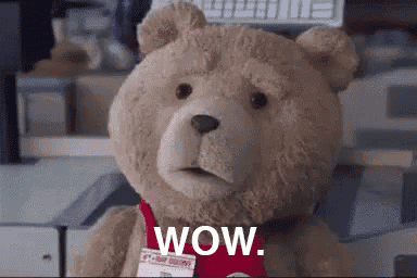 Ted the teddy bear stares ahead in amazement beneath “WOW.”