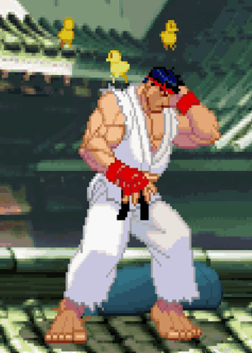 a pixel art drawing of a karate man with two yellow ducks sitting on his head