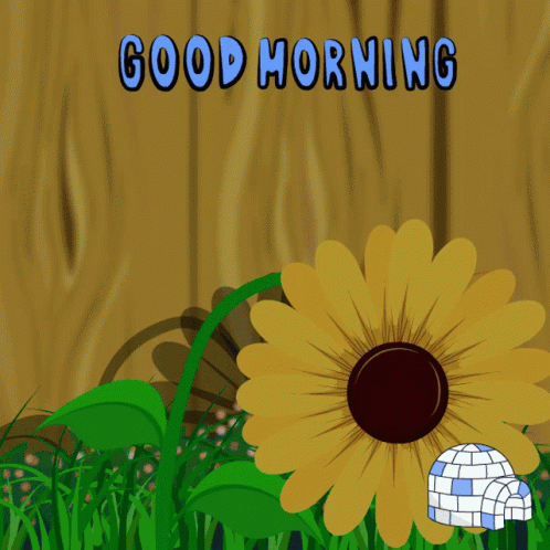 A sunflower grows against a wood-toned background under “GOOD MORNING.”