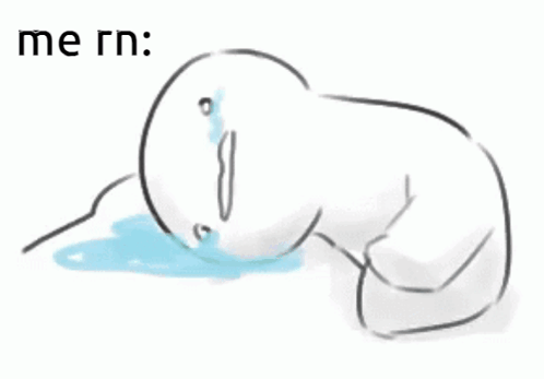 A white cartoon figure kneels on the floor crying into a puddle, captioned “me rn.”