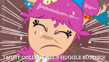 a cartoon of a girl with pink hair and the words " i must collect all 5 huggle buddies "