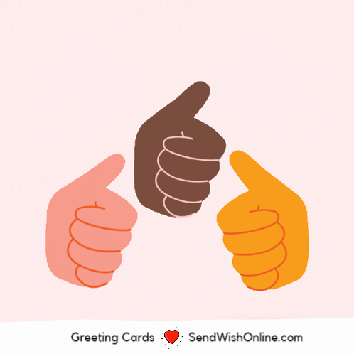 Three illustrated hands of different skin tones give thumbs up.