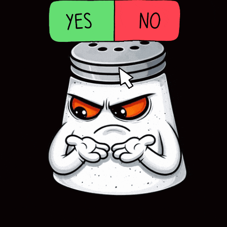 An angry salt shaker character faces YES and NO buttons while thinking.