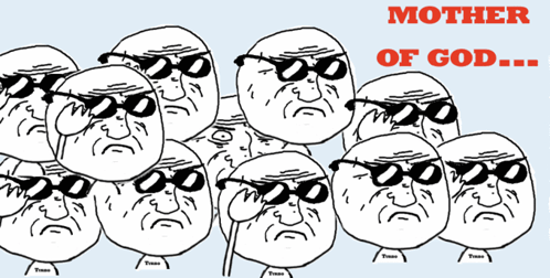 a group of cartoon faces with sunglasses and the words mother of god below them