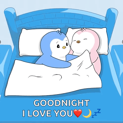 Two Pudgy Penguins cuddle and kiss in bed under “GOODNIGHT I LOVE YOU.”