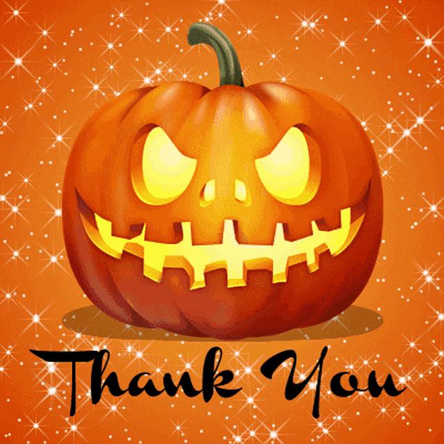 a pumpkin with a face carved into it and the words thank you below it