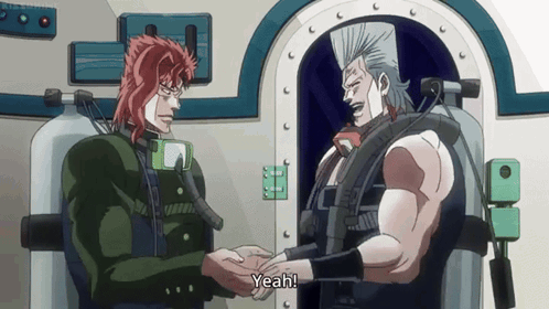a couple of anime characters shaking hands and one of them says " yeah "