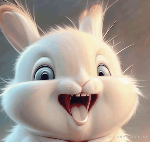 A white cartoon rabbit grins broadly in an extreme close-up.