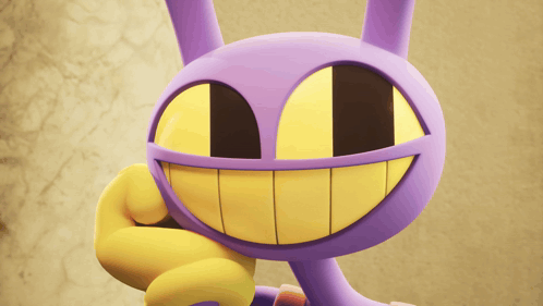 a purple and yellow cartoon character with a big smile on his face