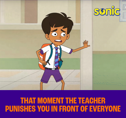 a cartoon of a boy standing in front of a sign that says sonic