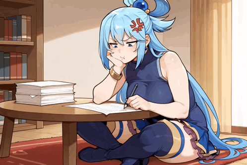 a girl with blue hair sits at a table writing