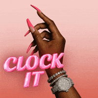 A manicured hand points upward beside pink “CLOCK IT” text.