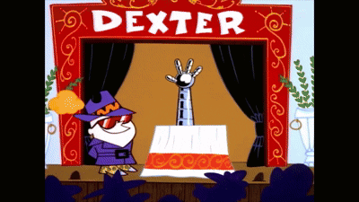 a cartoon of dexter performing a trick