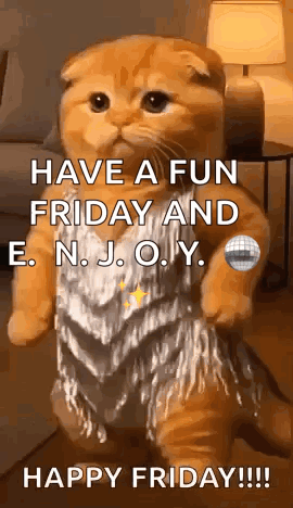 a cat in a dress is standing in a living room and says `` have a fun friday and enjoy . ''