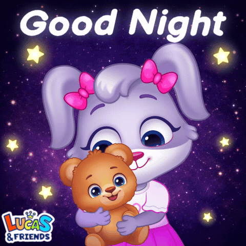 a girl holding a teddy bear with the words good night lucas & friends