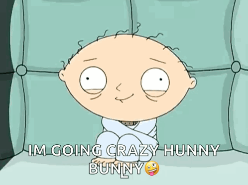 Stewie Griffin smiles beneath the caption “I'M GOING CRAZY HUNNY BUNNY.”