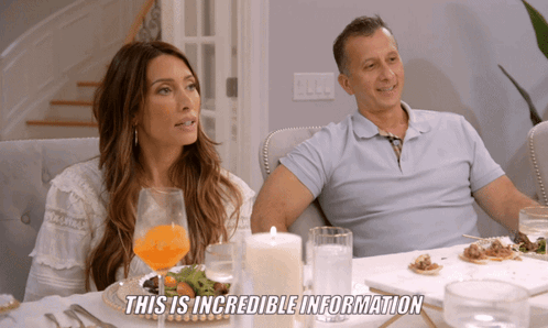a man and a woman are sitting at a table and the woman says " this is incredible information "