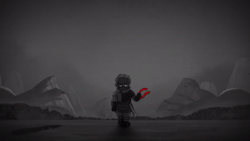 a black and white drawing of a person holding a red object in front of a monster