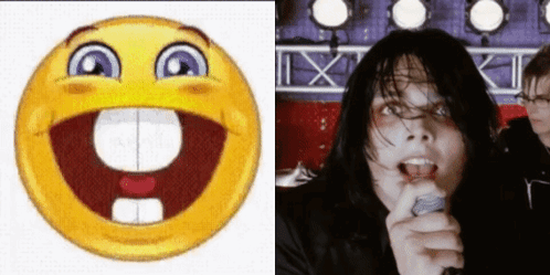 a smiley face next to a picture of a man with a microphone