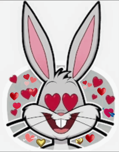 a cartoon bunny with heart shaped eyes and hearts around it