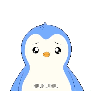 A blue penguin faces forward with a sorrowful expression.