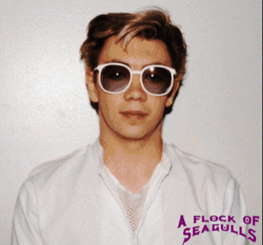 a man wearing sunglasses and a shirt that says a flock of seagulls on it