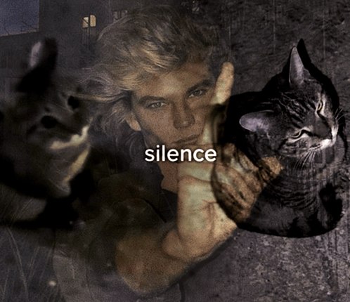 a picture of a man and two cats with the word silence underneath them