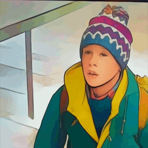 a cartoon of a boy wearing a beanie and a green jacket