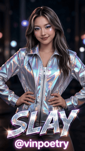 a woman in a silver jacket stands in front of a sign that says ' slay @vinpoetry '