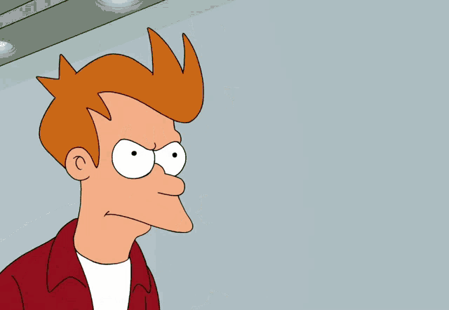 Fry from Futurama narrows his eyes with an intense, skeptical stare.