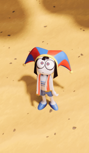 Pomni from The Amazing Digital Circus gives a nervous thumbs up in a sandy scene.