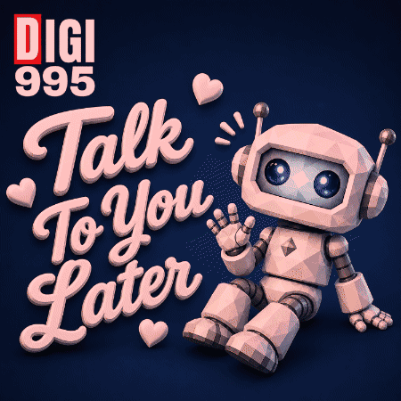 a robot is sitting in front of a sign that says talk to you later