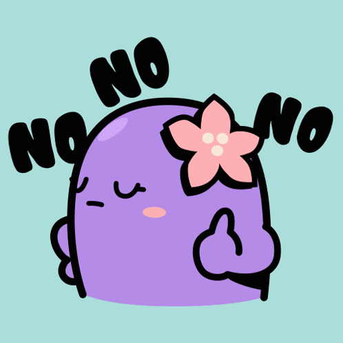 A purple cartoon bean character gives a thumbs-up under repeated “NO” text.