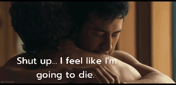 a man hugging another man with the words shut up i feel like i 'm going to die on the bottom