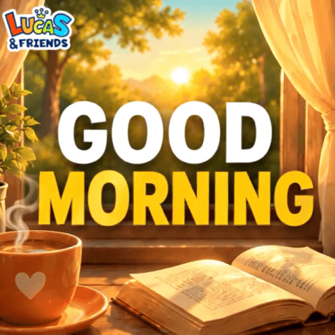 A coffee-and-book sunrise scene features large “GOOD MORNING” text.