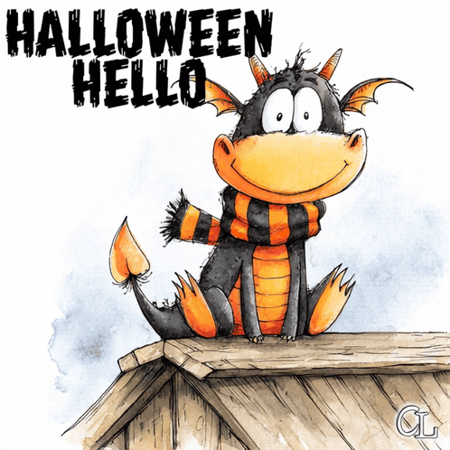 a cartoon of a dragon sitting on a wooden ledge with the words halloween hello above it