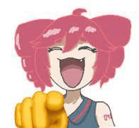 a cartoon girl with pink hair is pointing at the camera with her tongue out .