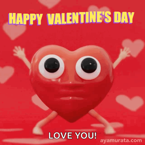 A red heart character with wide eyes and raised arms says “HAPPY VALENTINE’S DAY.”