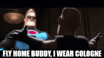 a man in a superhero costume is hugging another man and saying `` fly home buddy , i wear cologne ''