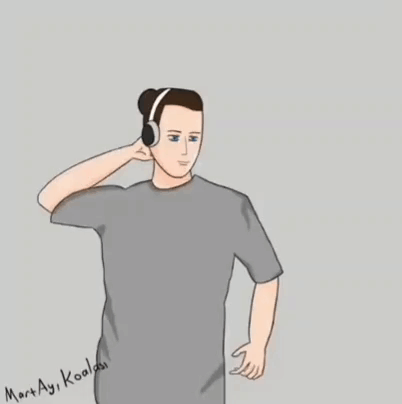 a cartoon of a man wearing headphones and a gray shirt .