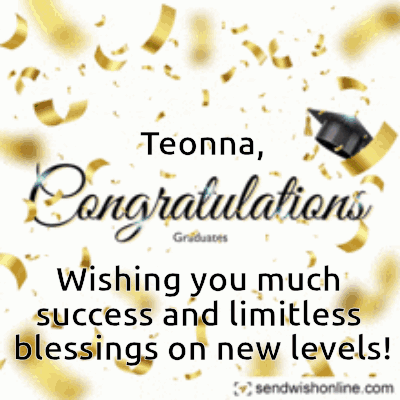 Gold leaves and a graduation cap frame “Teonna, Congratulations” and a blessing message.