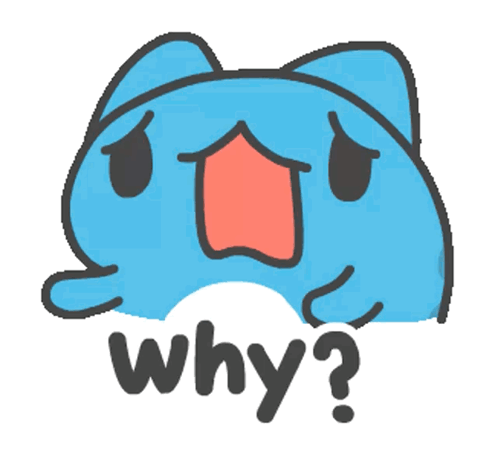 Capoo, a blue cartoon cat, cries out beneath the caption “why?”