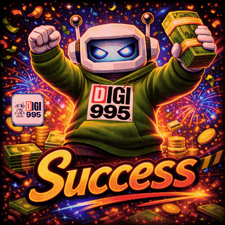 an illustration of a robot holding a stack of money with the words success below it
