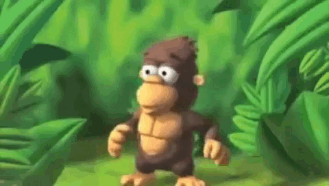 a cartoon gorilla is standing in the middle of a lush green forest .