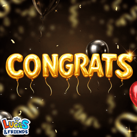 Gold balloon-style “CONGRATS” lettering shines against a dark background.