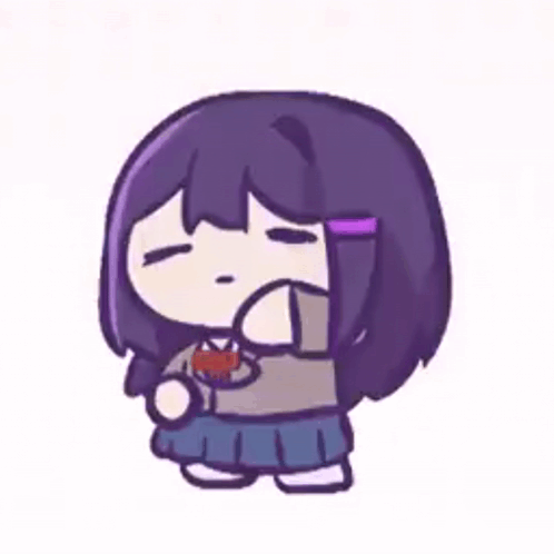 a cartoon drawing of a girl with purple hair and a purple bow tie .