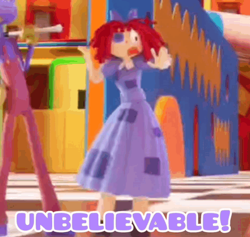 a cartoon doll in a purple dress is standing in front of a toy house and says unbelievable !